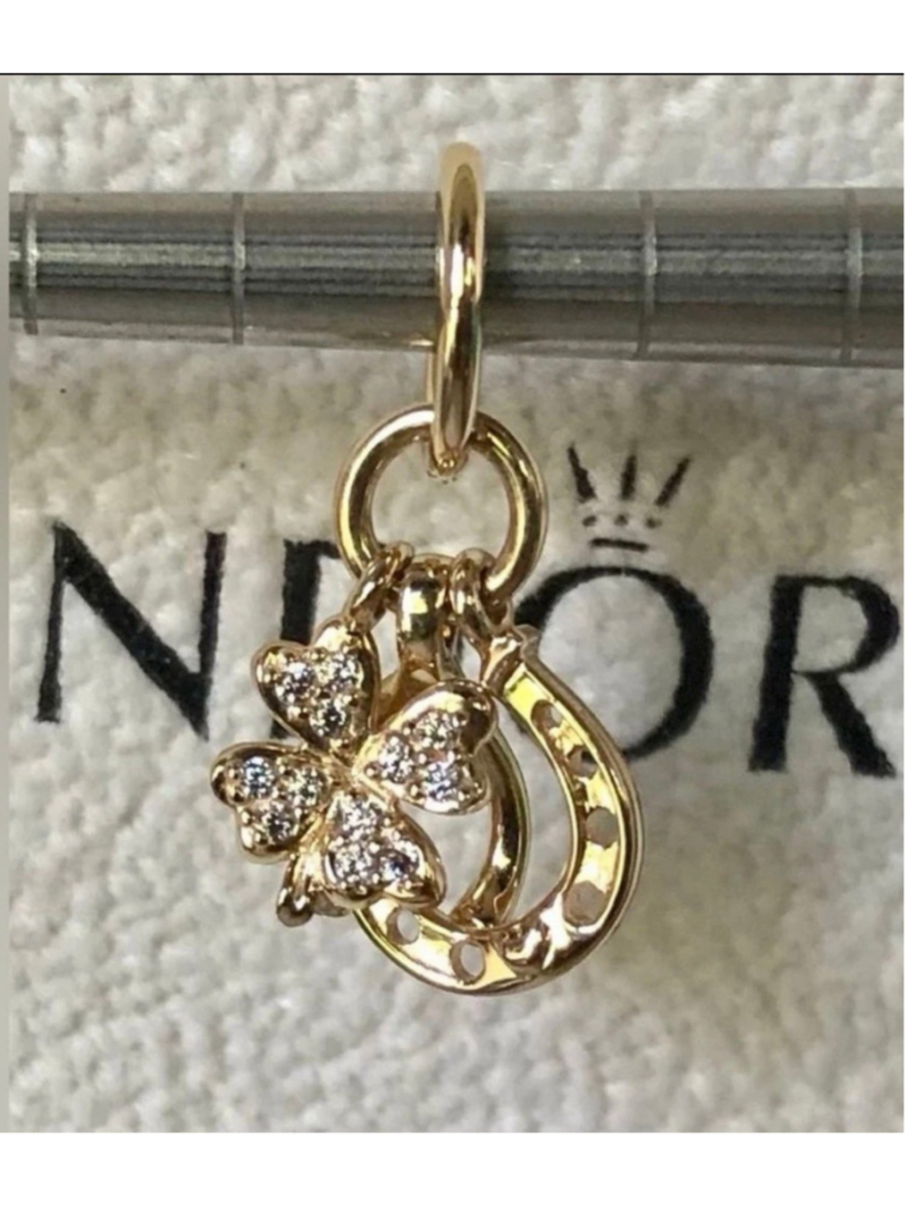 Pandora 14k Solid Gold Lucky Clover Wishbone & Horseshoe Dangle Charm